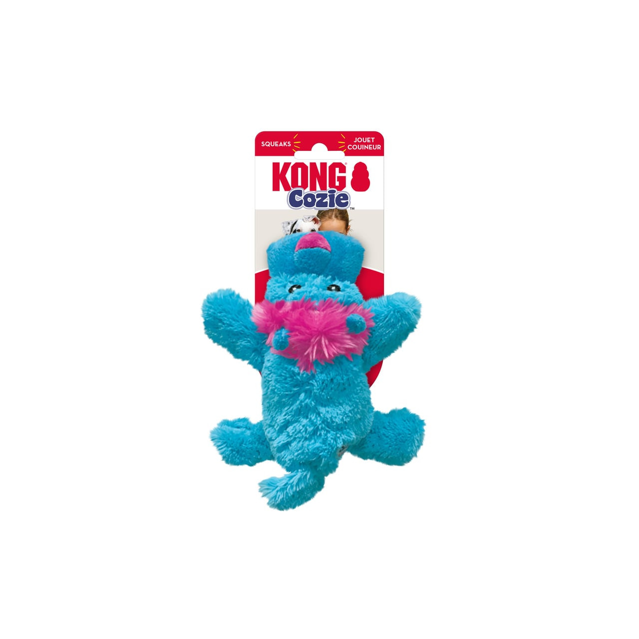KONG Cozie King Lion Small plush toy in vibrant blue with squeaker for dogs.