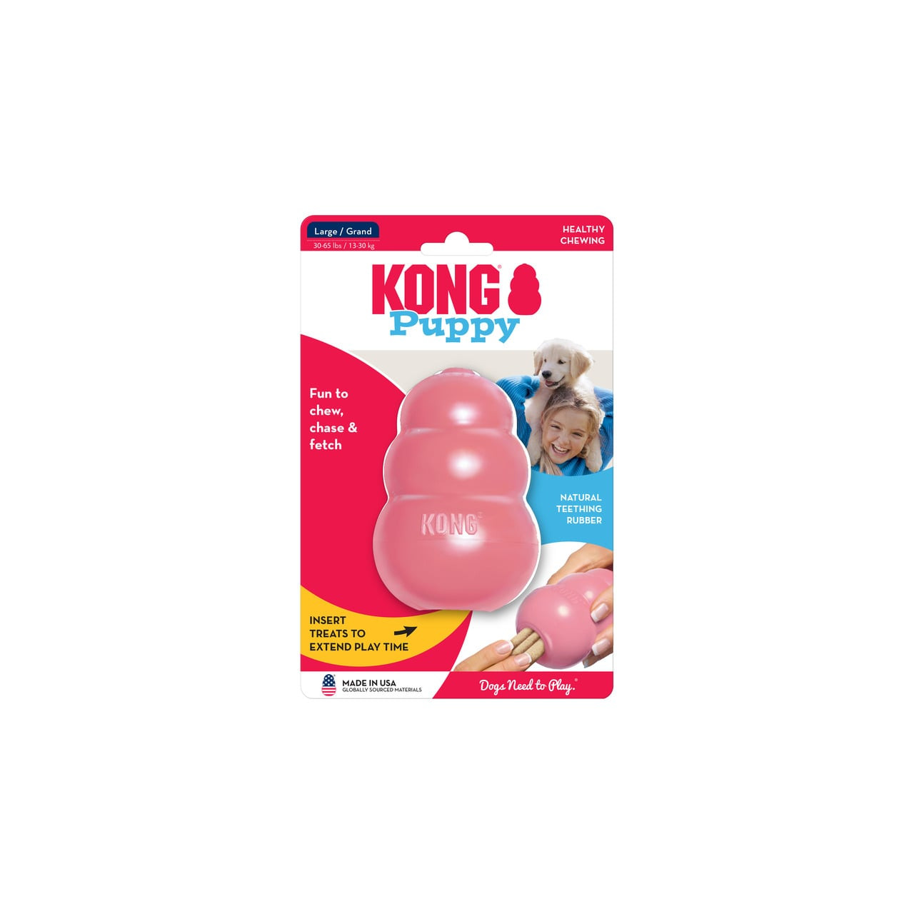 KONG Puppy Interactive Toy Large in pink, designed for chewing, fetching, and treating puppies.