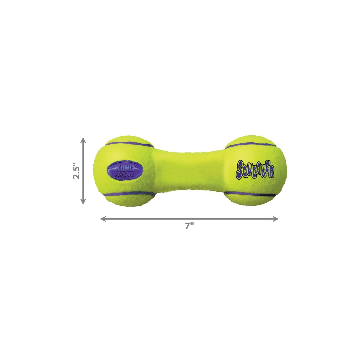 KONG AirDog Medium dumbbell toy in bright green, measuring 7 inches long and 2.5 inches wide.