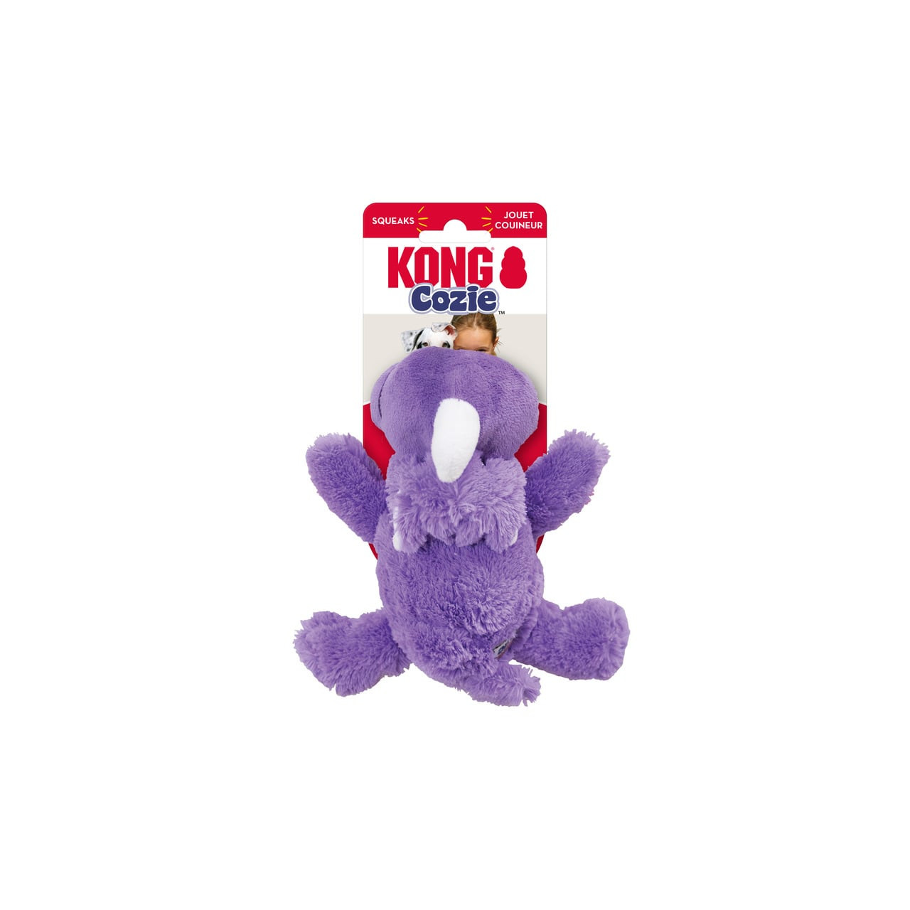 KONG Cozie Rosie Rhino Small plush toy in purple with squeaker for dogs.