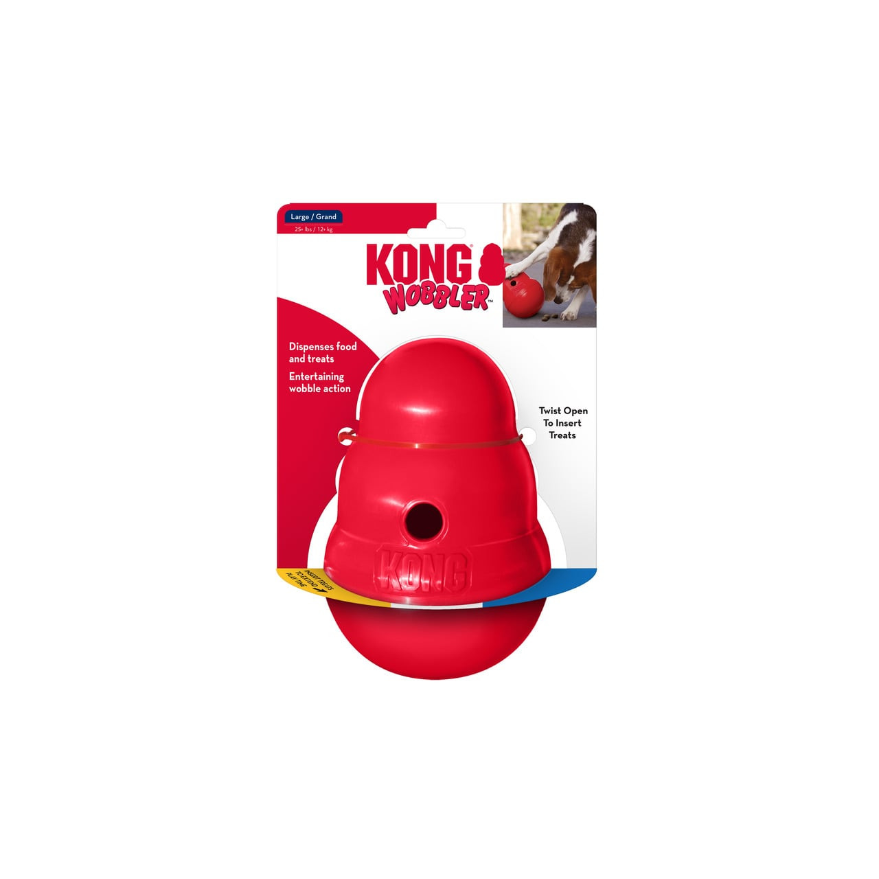 KONG Wobbler large treat dispensing dog toy in red, designed for interactive play.