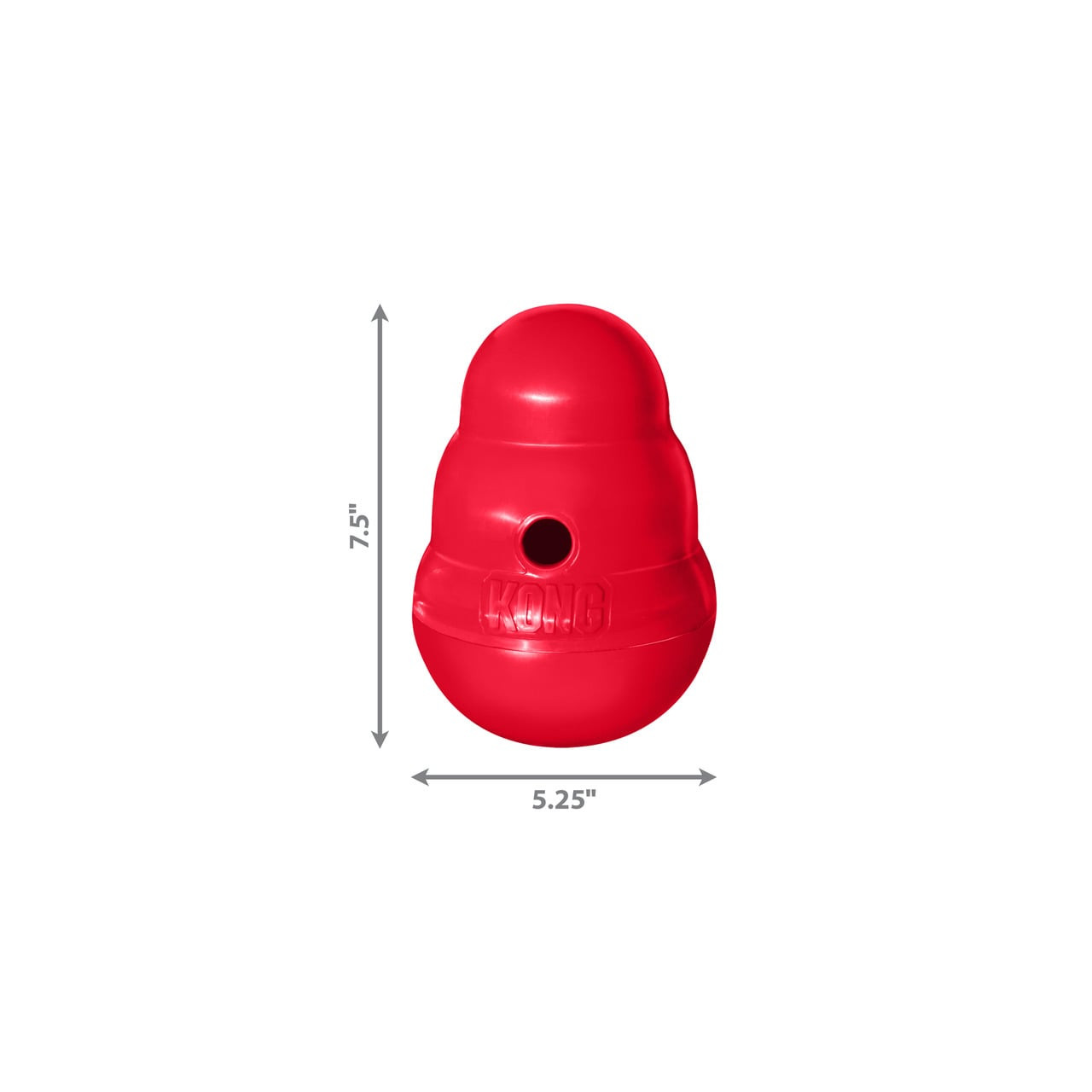 KONG Wobbler large treat dispensing dog toy in red, measuring 7.5 inches tall and 5.25 inches wide.