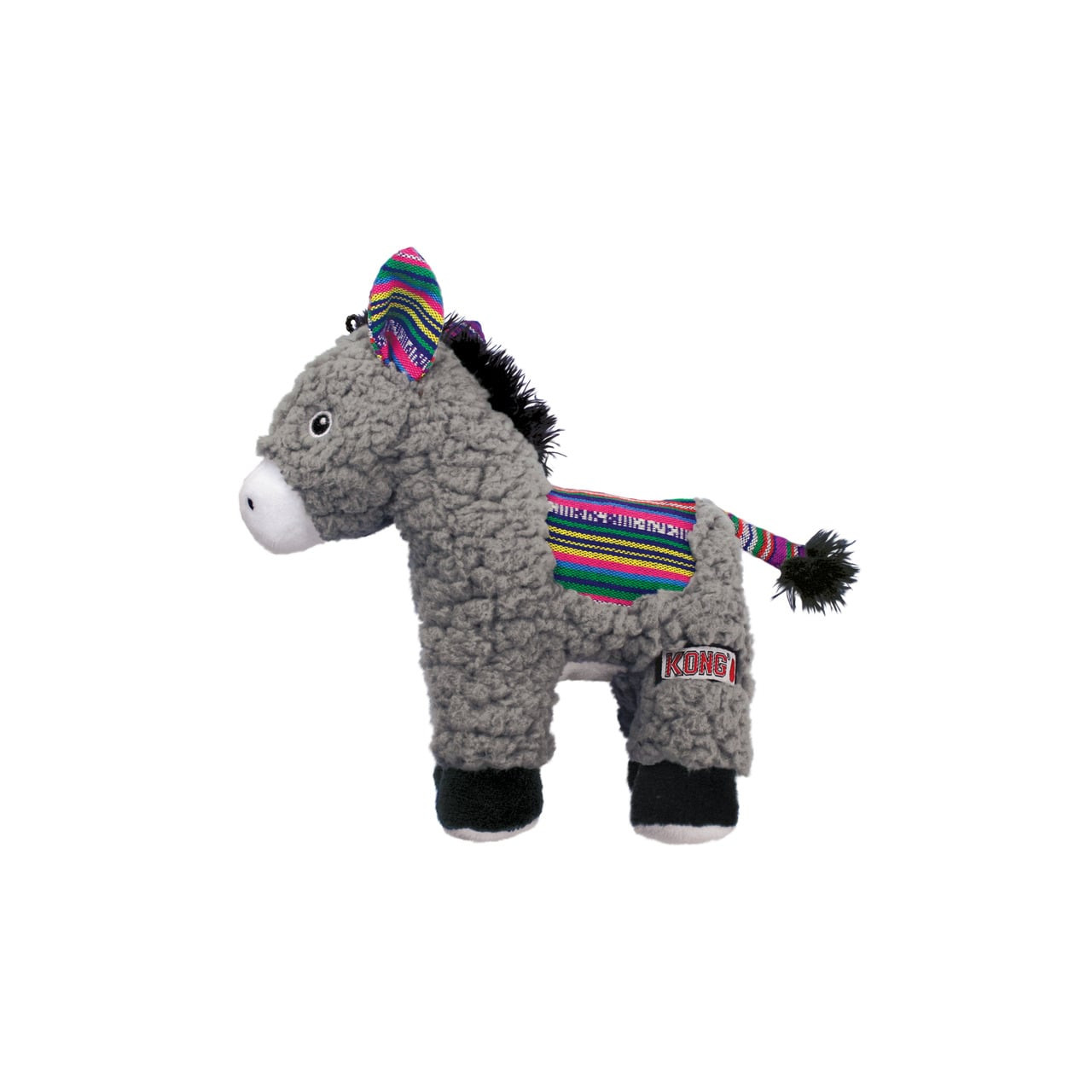 KONG Sherps Donkey dog toy featuring textured gray fabric and colorful detailing for playful fun.