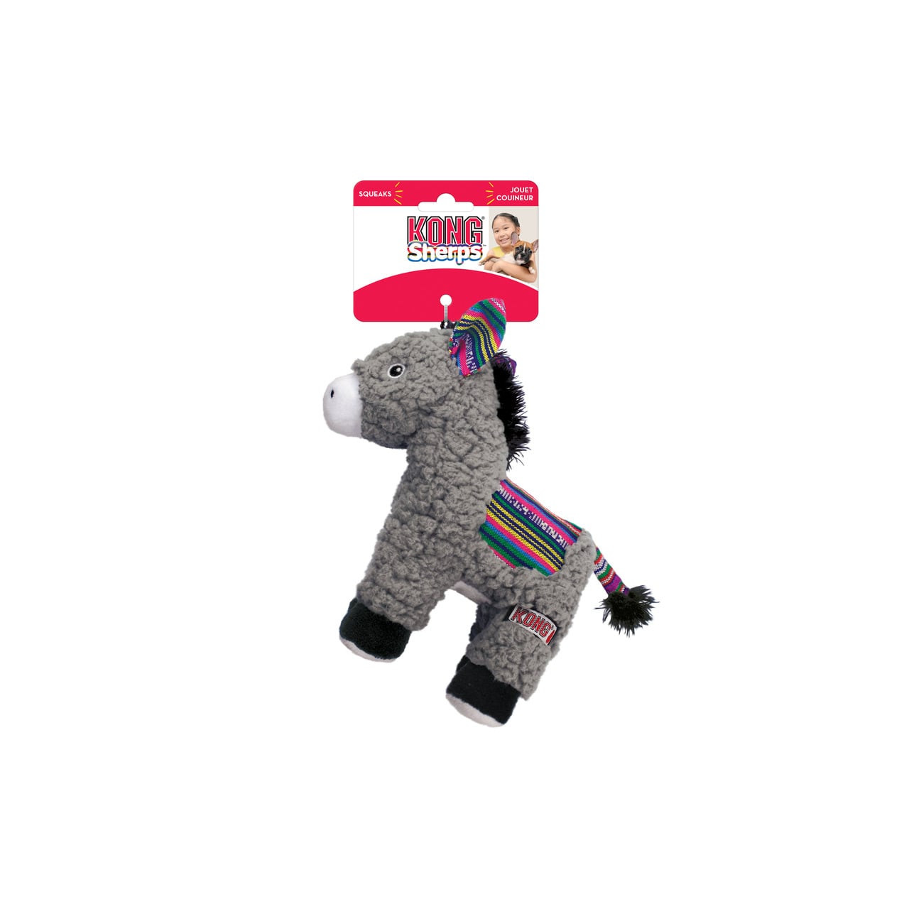 KONG Sherps Donkey Dog Toy in gray with colorful fabric accents for fun playtime.
