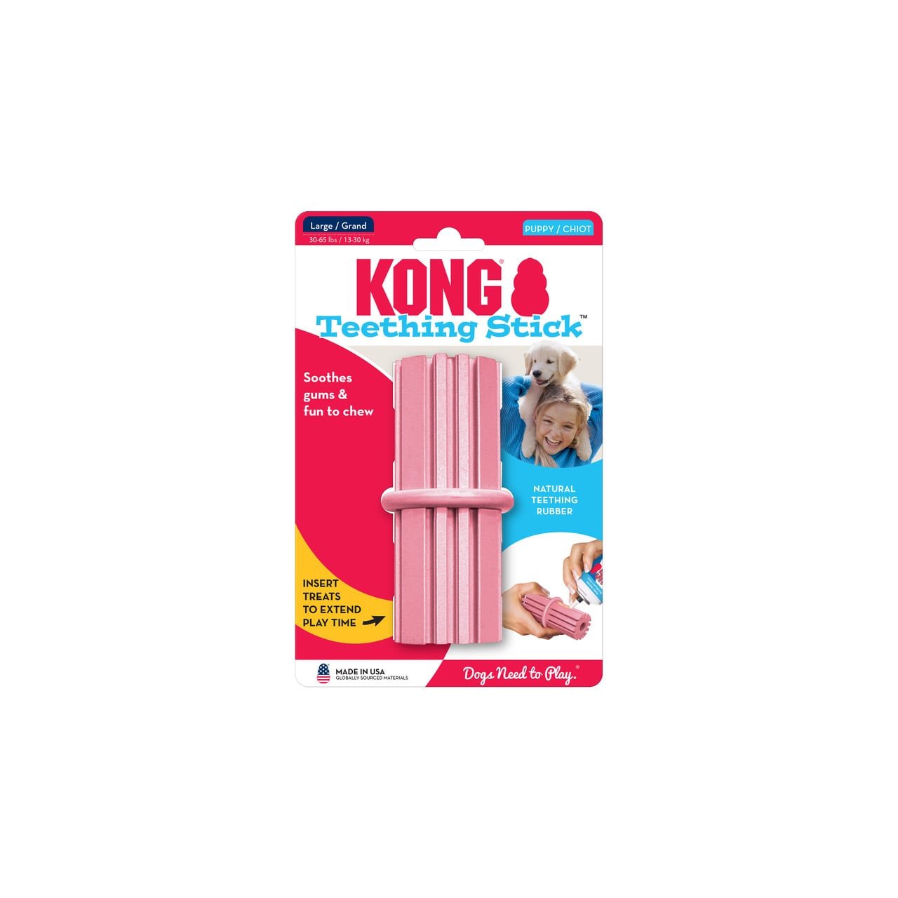 KONG Puppy Teething Stick Large in pink, designed for soothing gums and playful chewing.