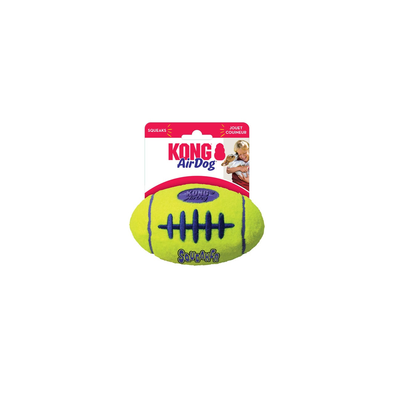 KONG AirDog Football Medium in bright yellow with blue stitching, perfect for dogs.