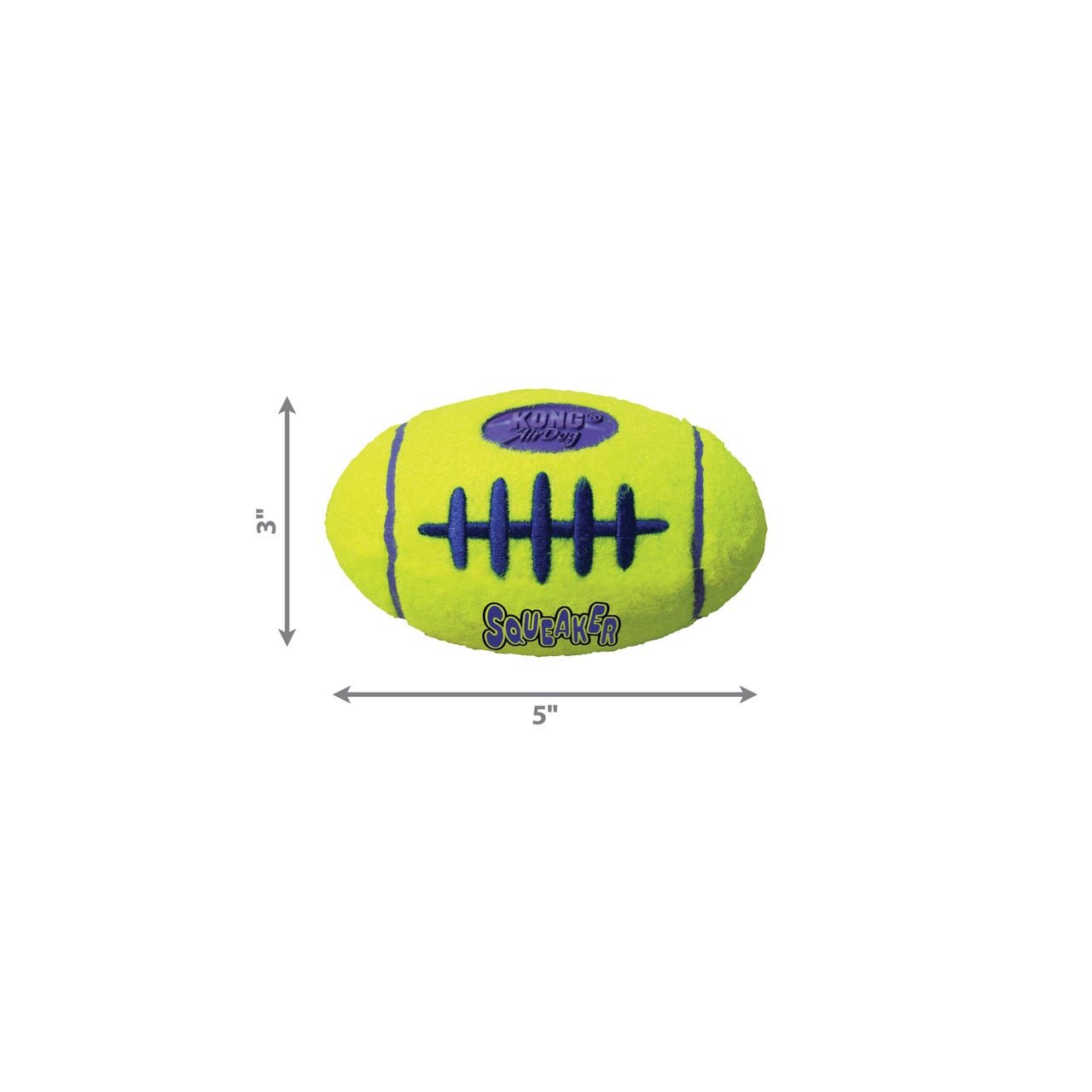 KONG AirDog Medium Football, squeaky, bright yellow with blue accents, ideal for dogs.
