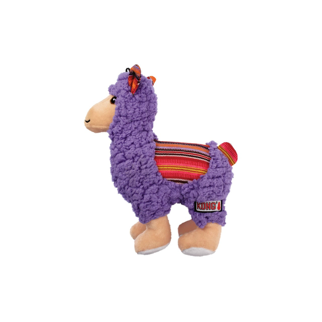 KONG Sherps Llama Dog Toy in purple with a colorful striped design and squeaker.