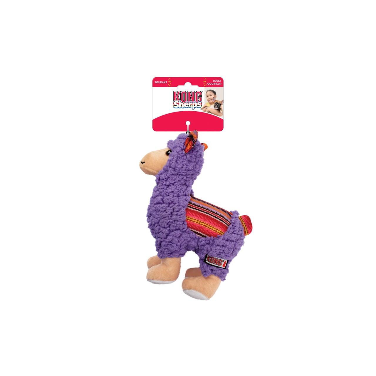 KONG Sherps Llama dog toy in purple with colorful striped accent, ideal for playful pets.