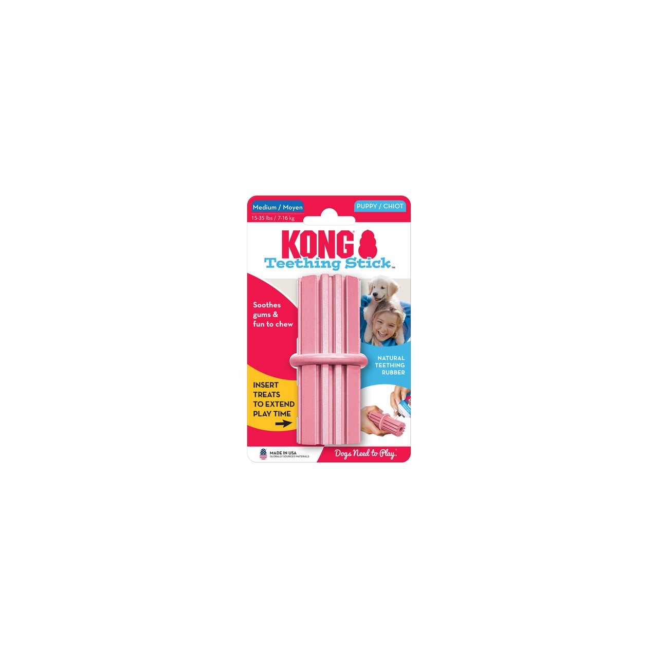 KONG Puppy Teething Stick in pink, designed for soothing gums and playful chewing.