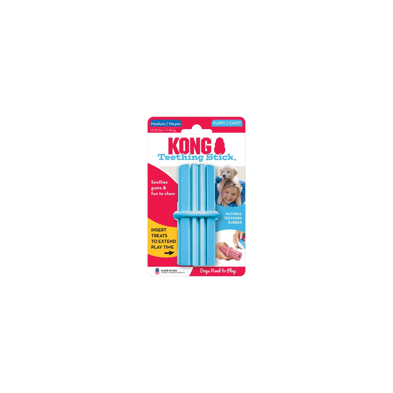 KONG Puppy Teething Stick in blue, designed for soothing teething gums and chewing.
