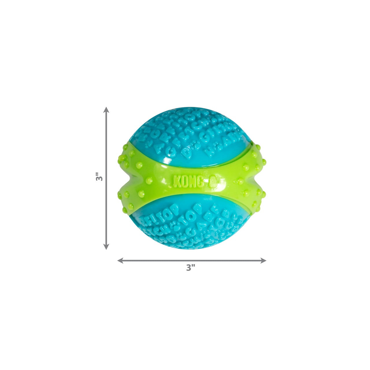 KONG CoreStrength Ball dog toy in vibrant blue and green, 3 inches in diameter.