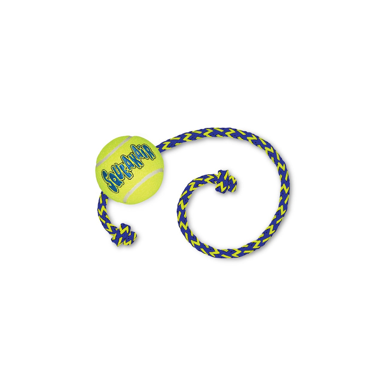 KONG SqueakAir Ball with Rope in vibrant yellow and blue, perfect for fetch.