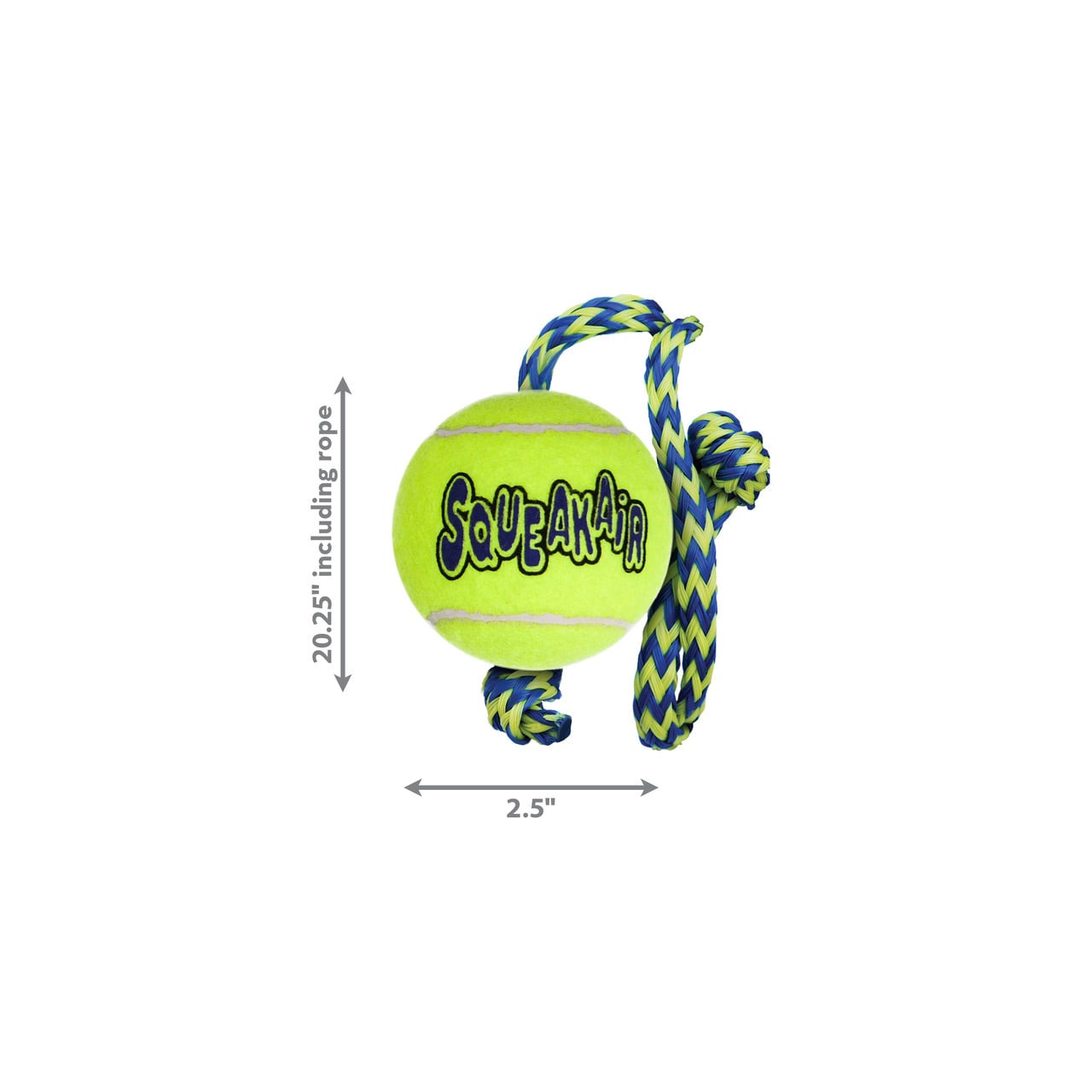 KONG SqueakAir Ball with Rope in neon green, measures 2.5 inches with attached rope.