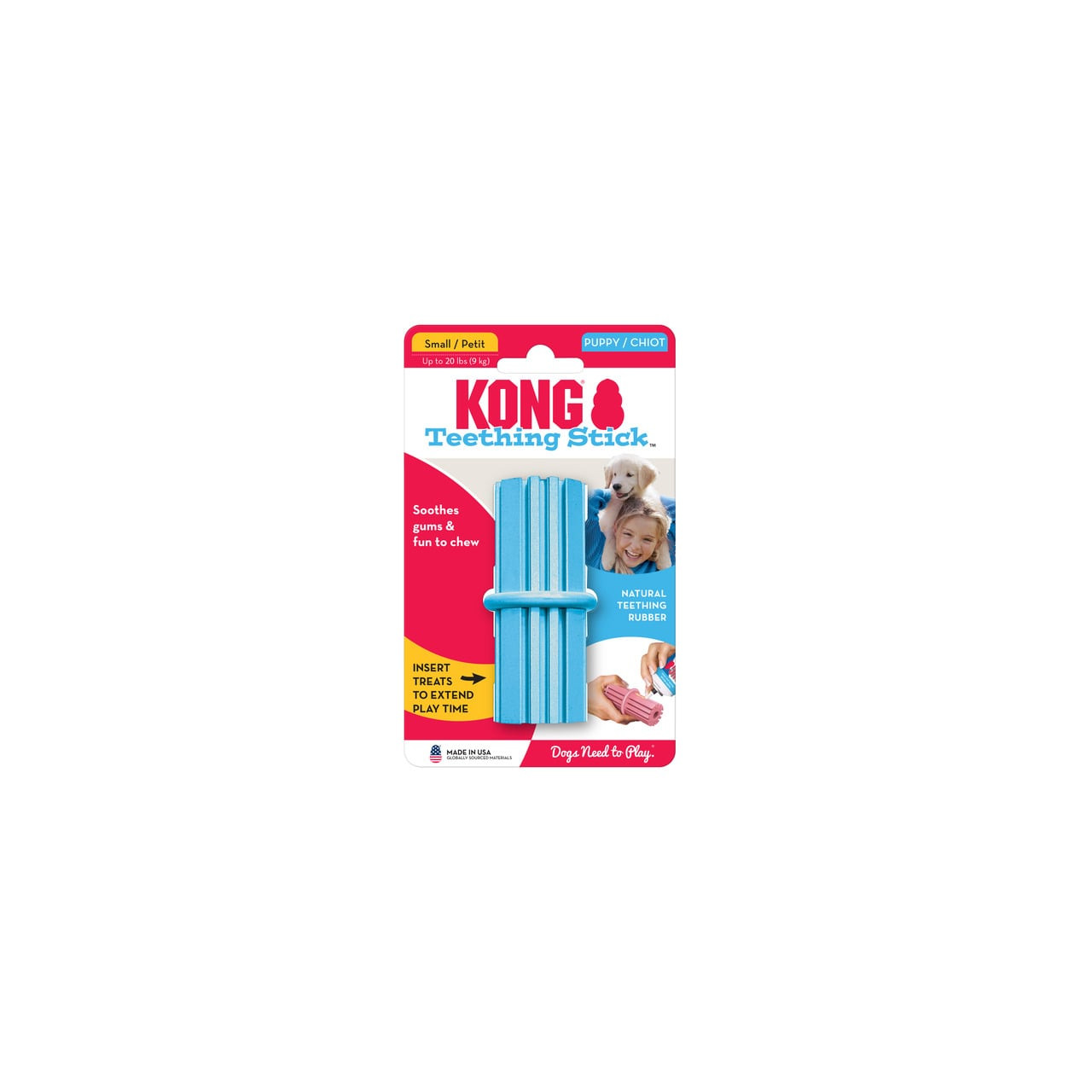 KONG Puppy Teething Stick in blue for soothing and fun chewing for small dogs.