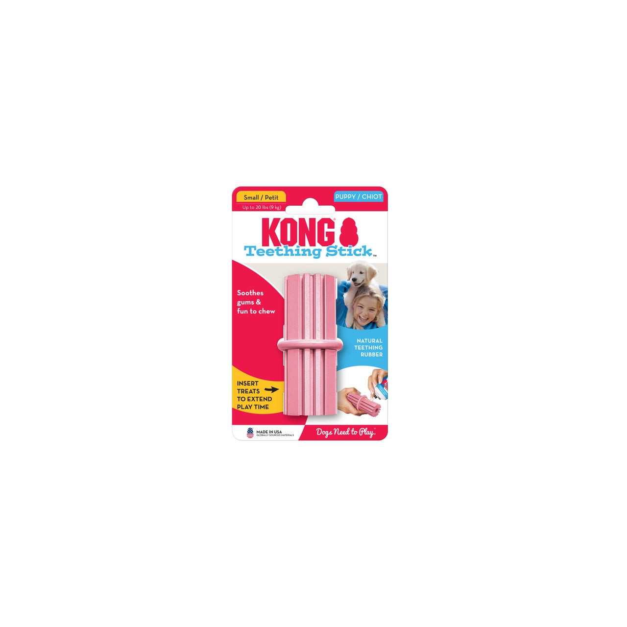 KONG Puppy Teething Stick in pink, designed for soothing small puppies during teething.