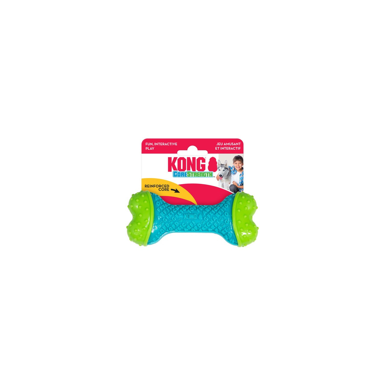 KONG CoreStrength Bone Dog Toy in vibrant blue and green, perfect for interactive play.