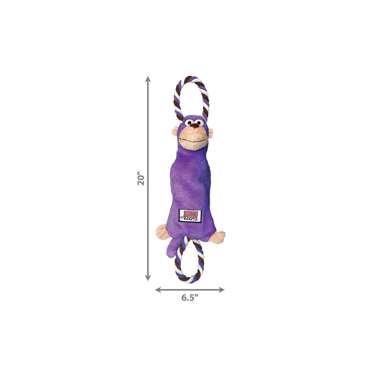 KONG Tugger Knots Monkey dog toy, 20 inches tall, purple with squeakers and rope.