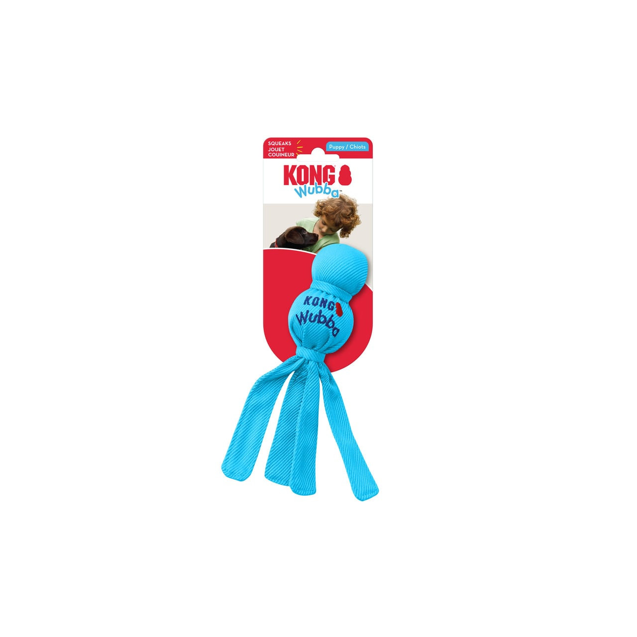 KONG Puppy Wubba Toy in blue, featuring durable fabric and long, floppy tails for fun play.