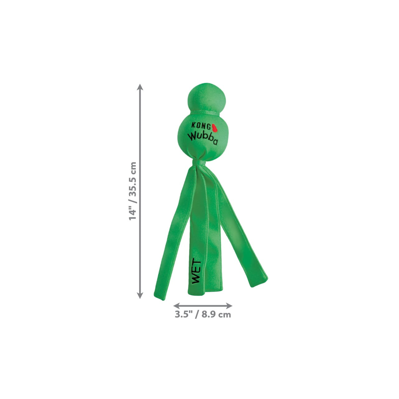 KONG Wet Wubba dog toy in bright green, featuring long flapping tails and bold 'WET' text.