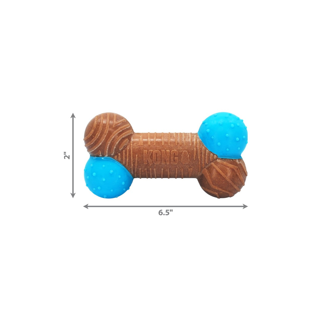 KONG CoreStrength Bamboo Bone Dog Toy in brown and blue, large size 6.5 inches.