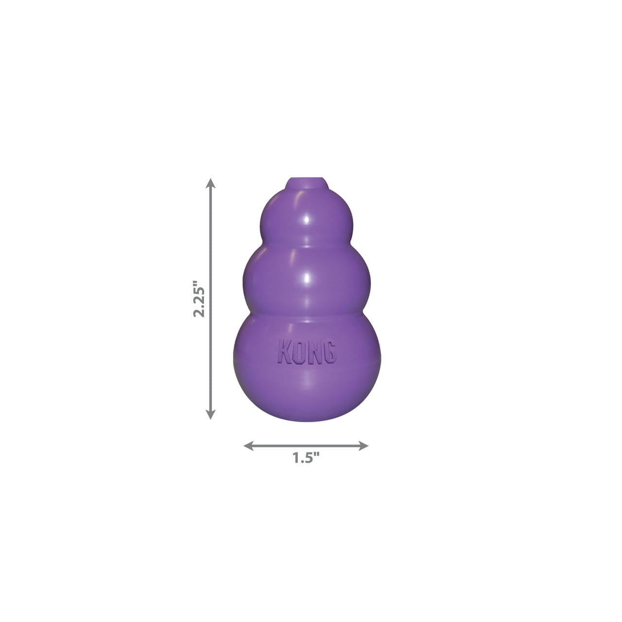 KONG Kitty Interactive Toy in purple, measuring 2.25 inches tall and 1.5 inches wide.