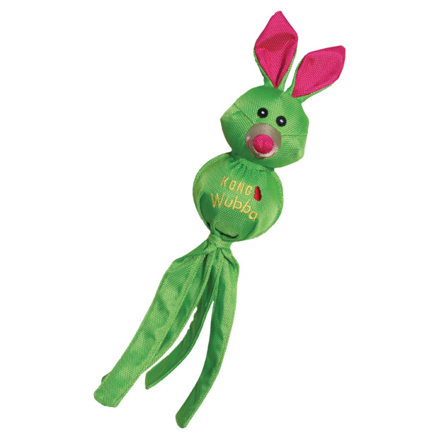 KONG Wubba Ballistic Friends dog toy in green rabbit design, featuring durable fabric and fun tassels.