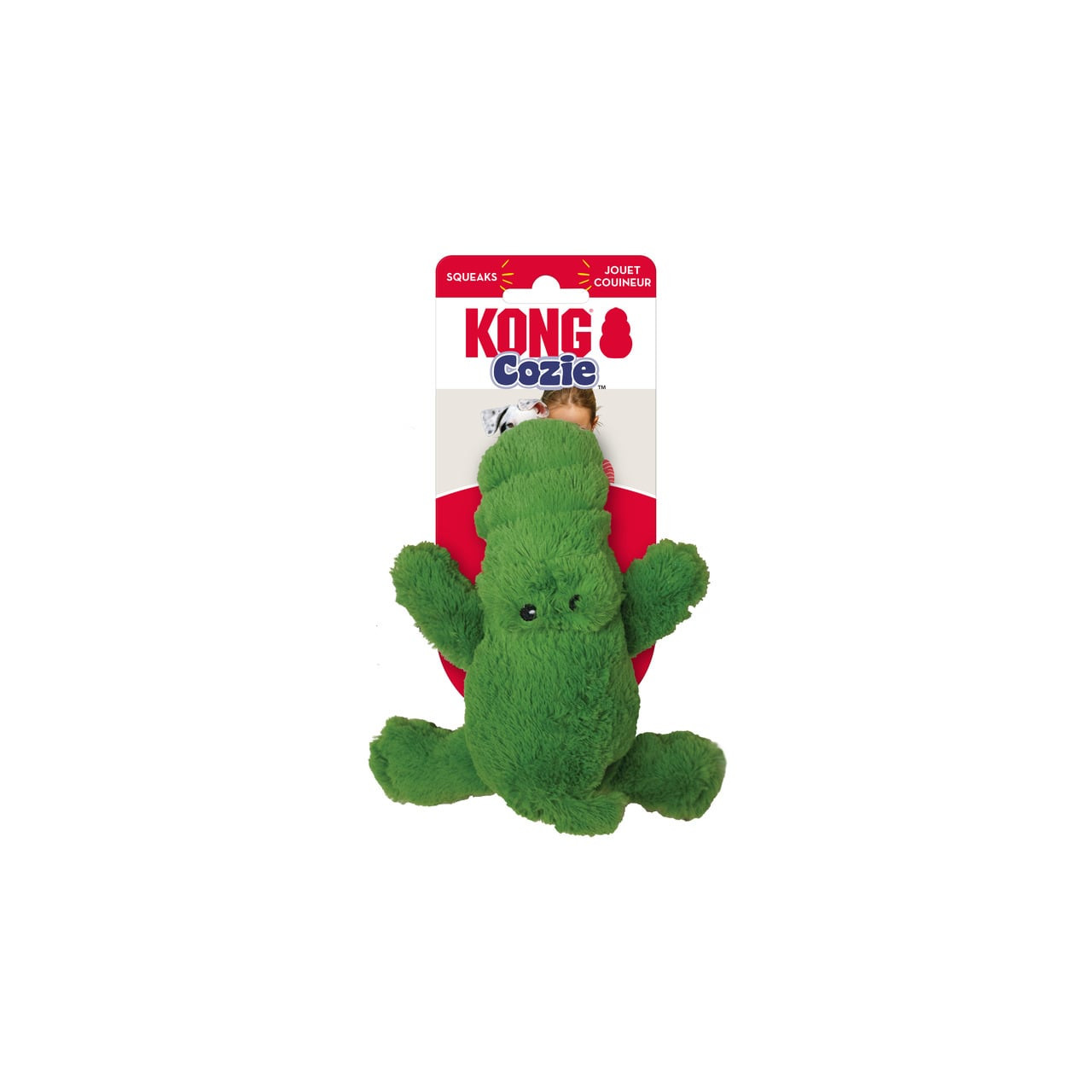 KONG Cozie Ali Alligator Small plush toy in vibrant green for dogs.