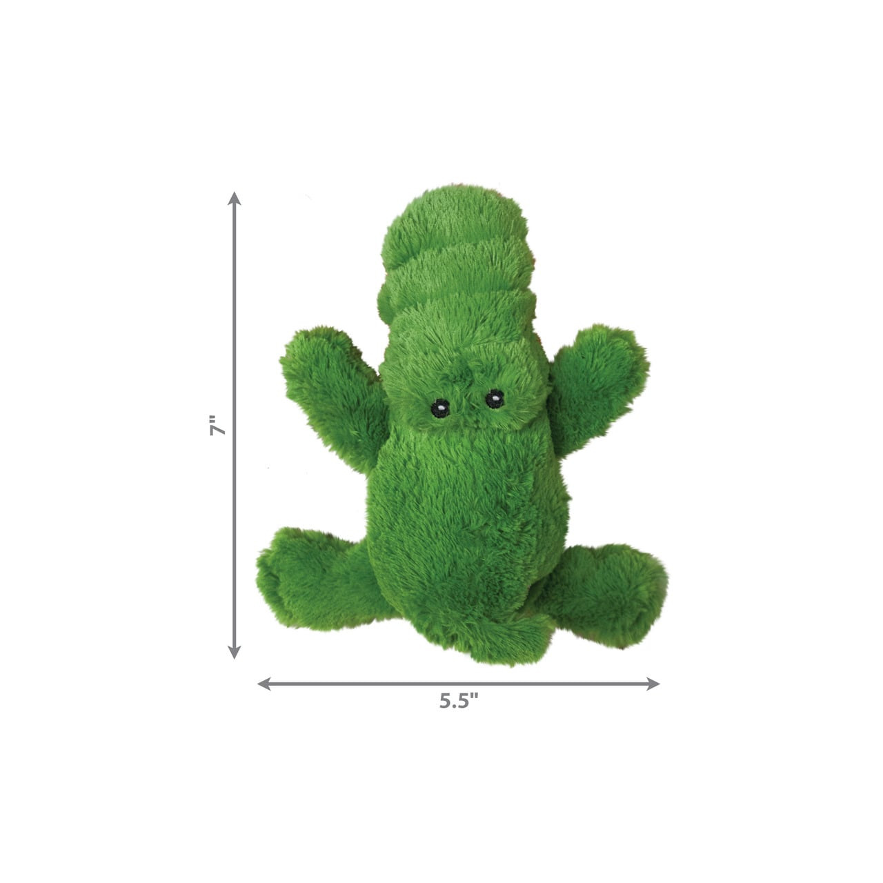KONG Cozie Ali Alligator Small plush toy, green color, 7" tall, 5.5" wide, soft and cuddly.