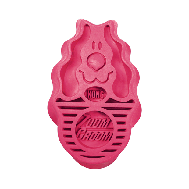 KONG ZoomGroom dog brush in raspberry color, designed for effective pet grooming.