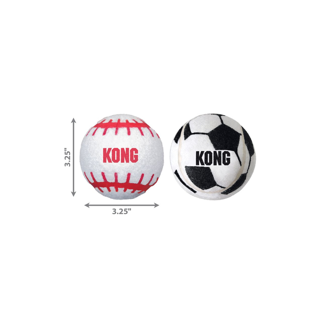 KONG Sport Balls Dog Toy 2 Pack, featuring a baseball and soccer ball design, each 3.25 inches.