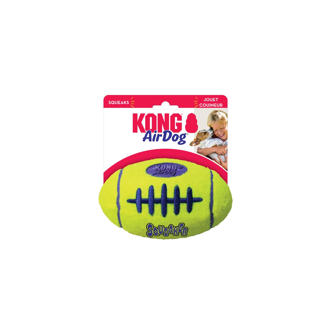 KONG AirDog Football Large in bright green and blue, perfect for dogs to fetch and squeak.