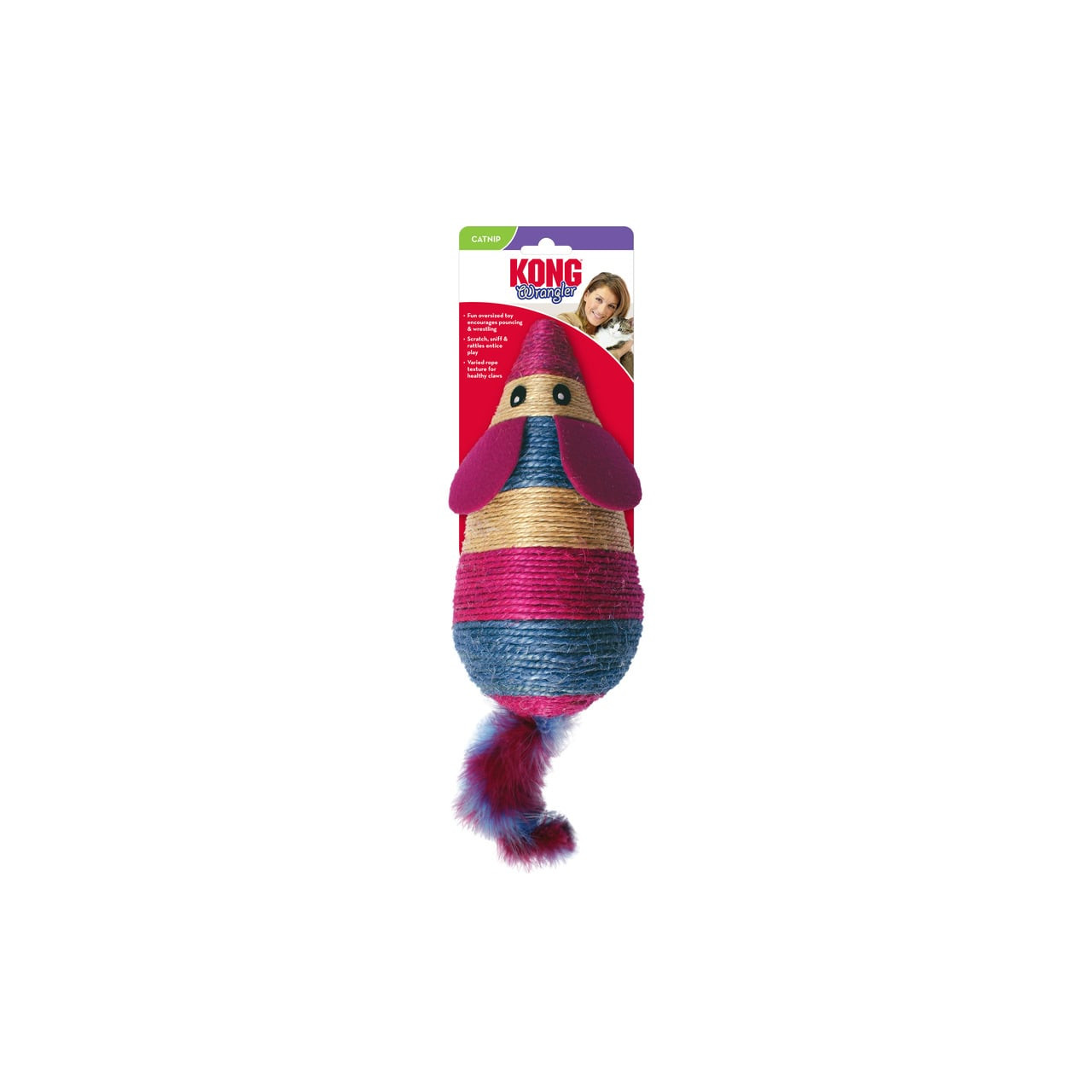KONG Wrangler Scratch Mouse Cat Toy in colorful striped design with soft ears and tail.