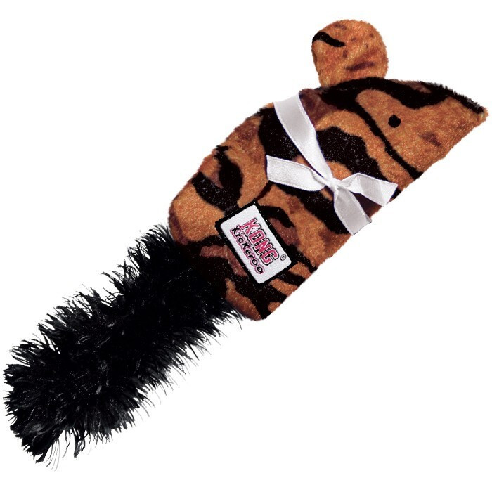 KONG Kickeroo Mouse Cat Toy with leopard print, fluffy tail, and ribbon detail for playful cats.