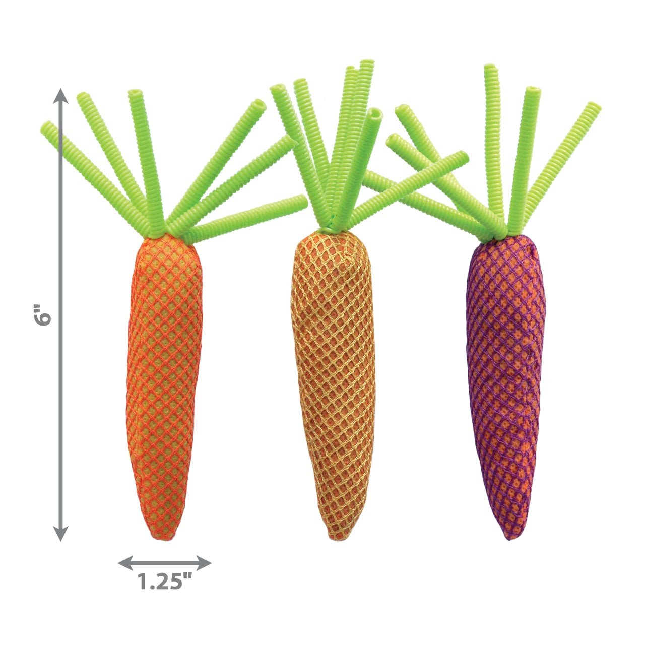 KONG Nibble Carrots Cat Toy set with three colorful carrot shapes, 6 inches long.