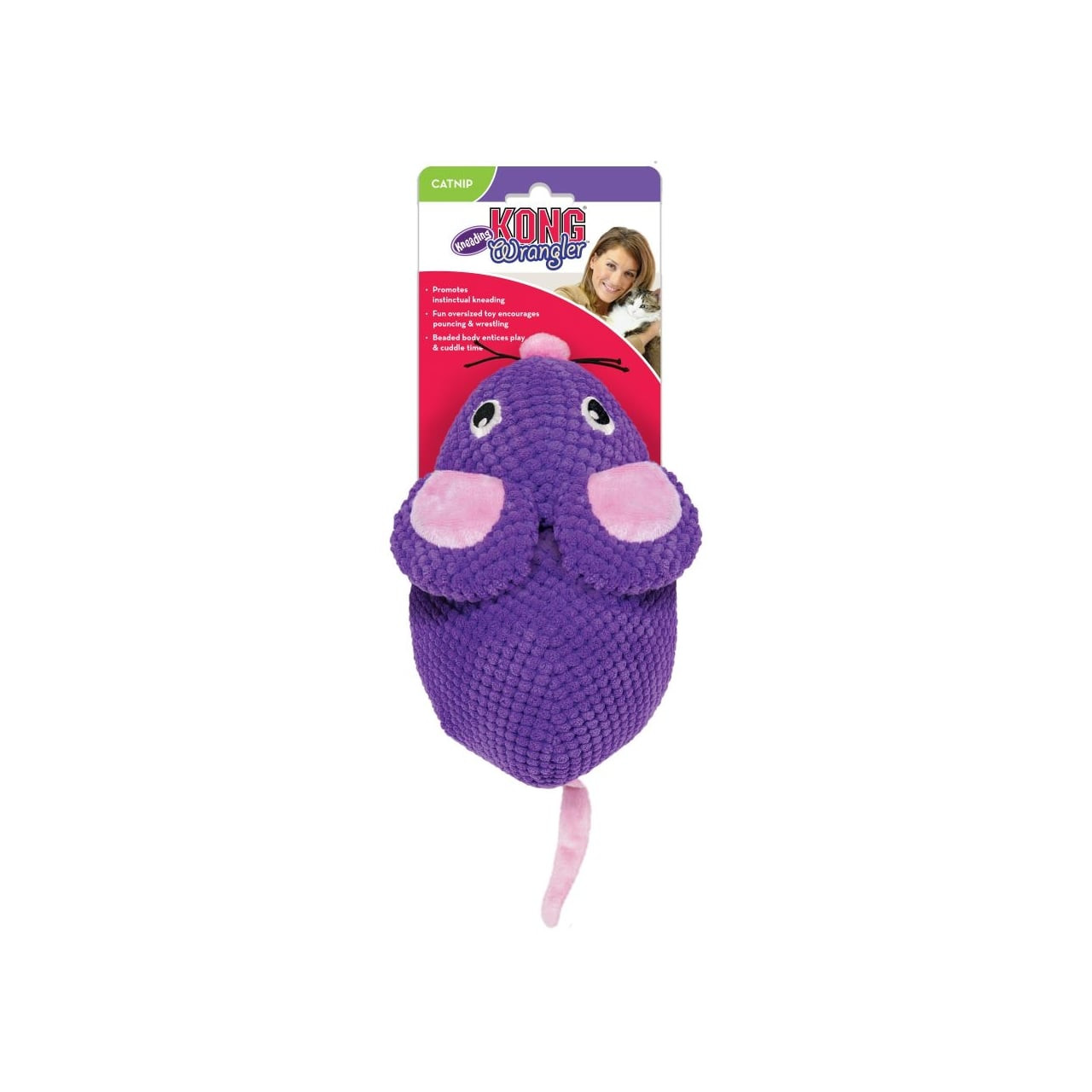 KONG Wrangler Kneading Mouse Cat Toy in purple, featuring textured fabric and soft ears.
