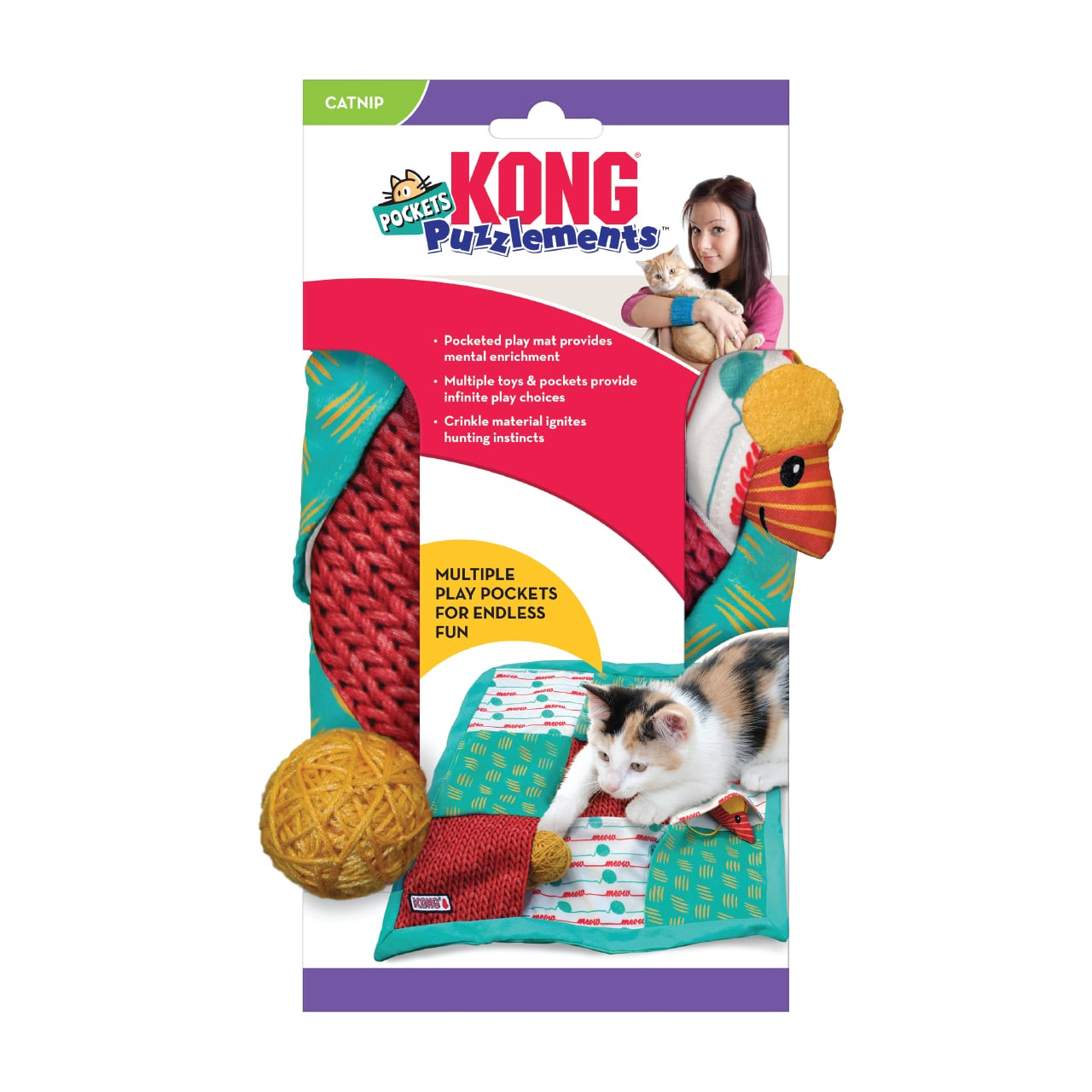 KONG Puzzlement Pockets Cat Play Mat with multiple pockets and colorful design for playful cats.