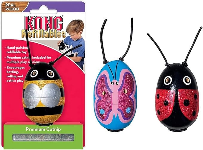 KONG Refillable Wooden Cat Toy set with hand-painted ladybug and butterfly designs, includes premium catnip.