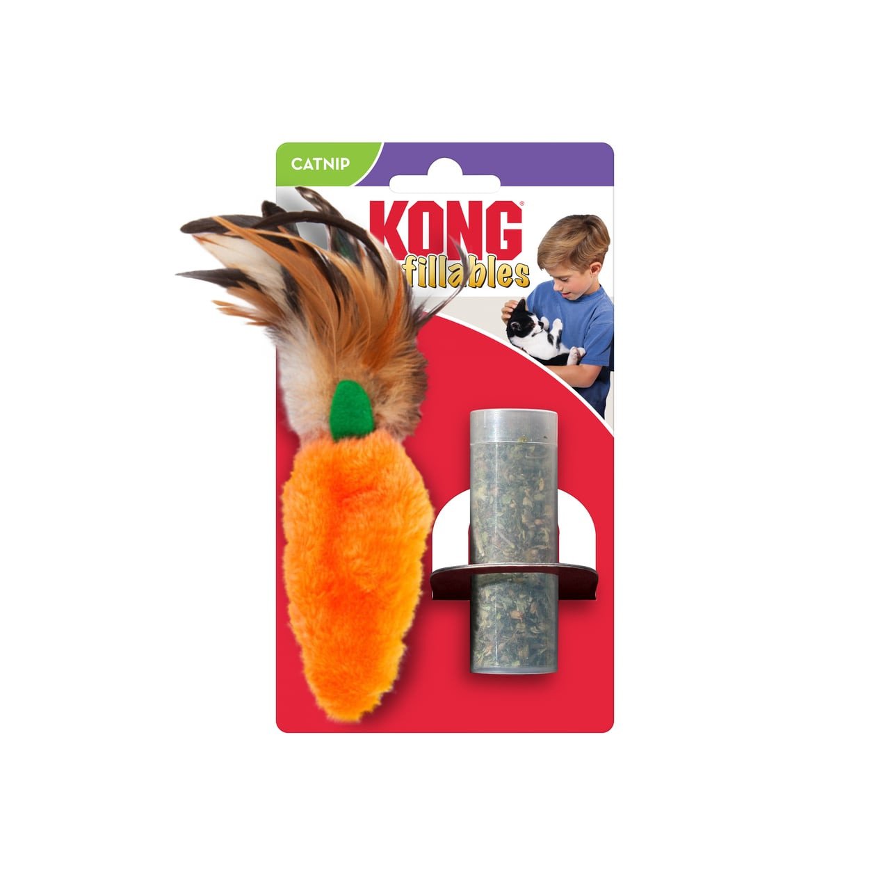KONG Refillables Carrot Feather Top Cat Toy with vibrant orange carrot and feather topping.