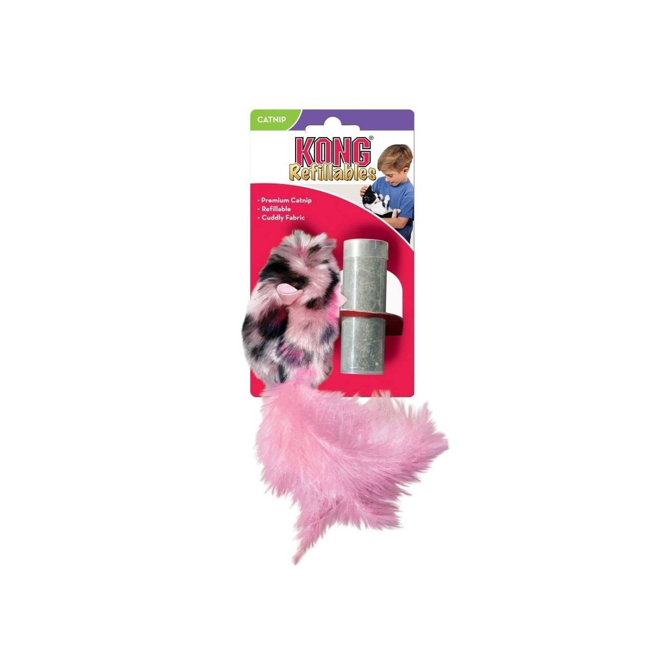 KONG Refillables Field Mouse Cat Toy with pink fur and silver refillable tube.