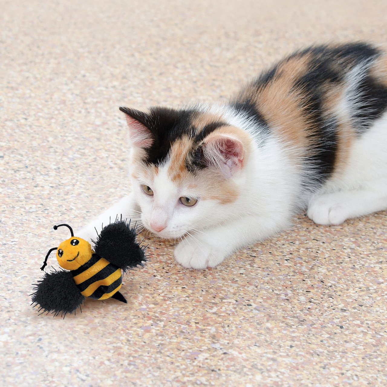 KONG Better Buzz Bee Cat Toy with black and yellow stripes beside an intrigued cat.