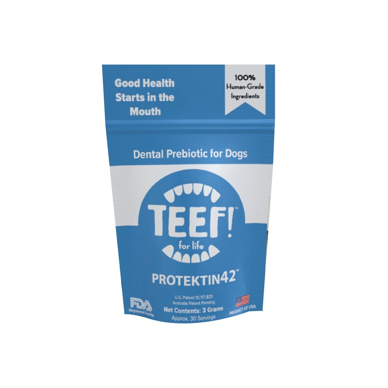 TEEF! Protektin42 Dental Water Additive for Dogs, prebiotic formula in blue packaging.