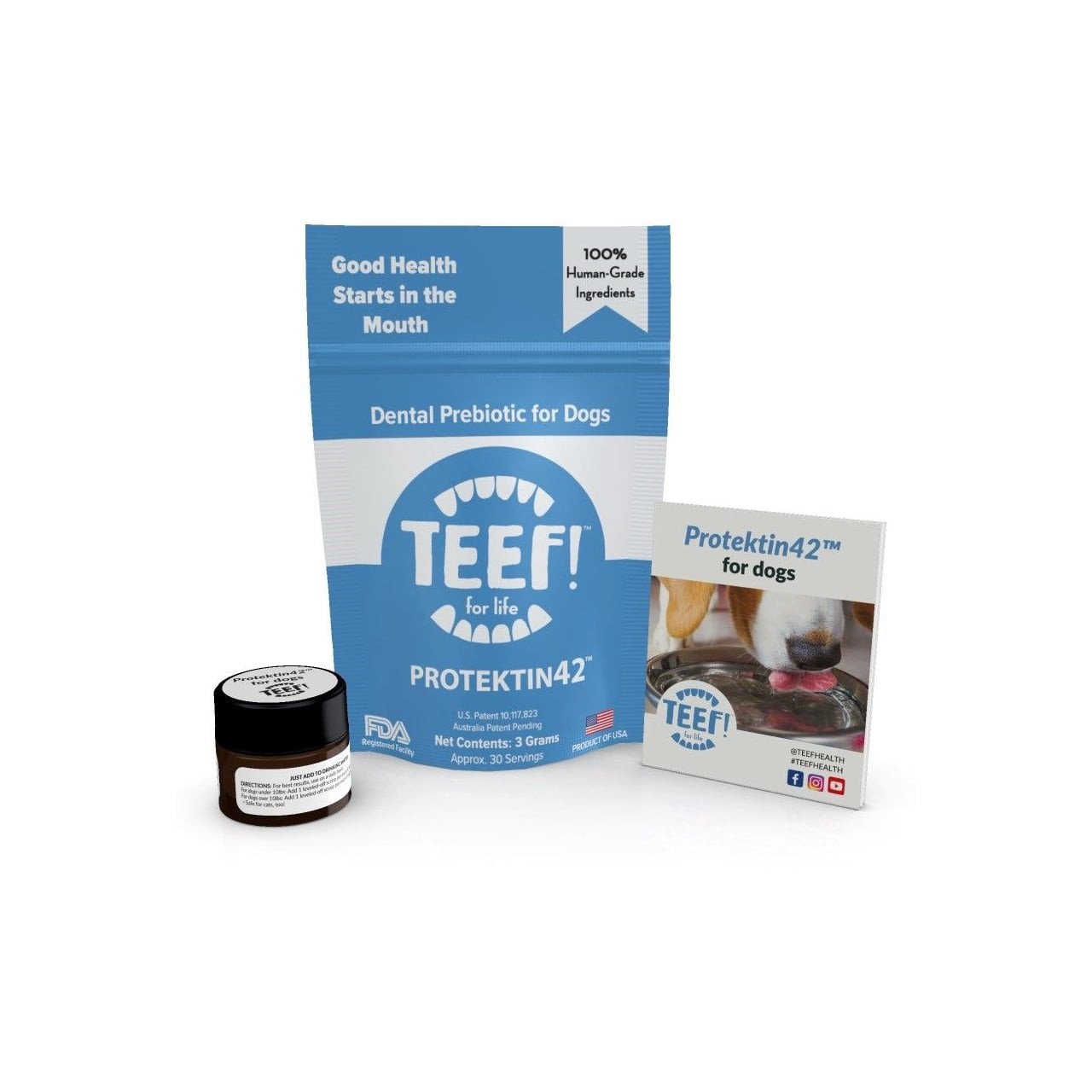 TEEF! Protektin42 Dental Water Additive for Dogs in blue packaging with prebiotic benefits.