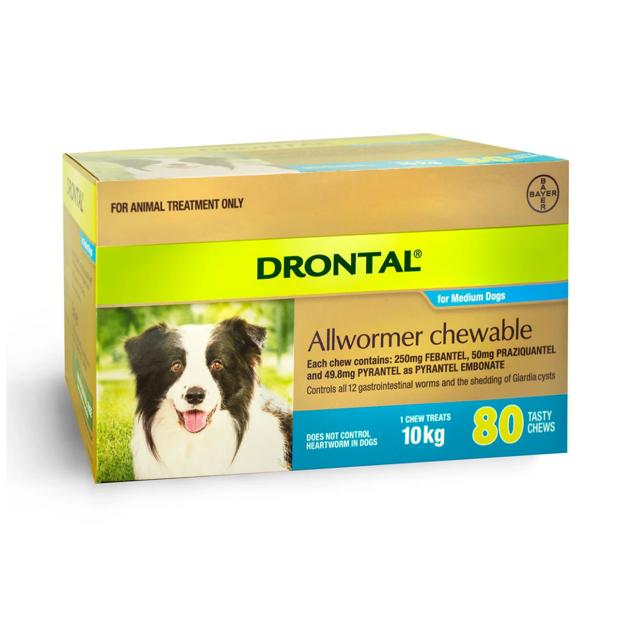 Drontal Allwormer Chews for dogs up to 10 kg, 80-pack, supports pet health and wellness.