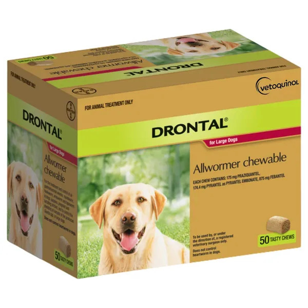 Drontal Allwormer Chews for Dogs up to 35 kg in a 50 pack with happy dog image.