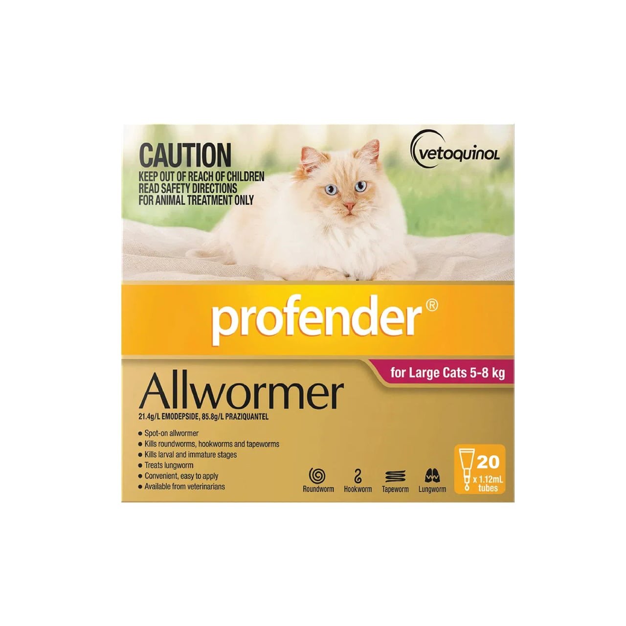 Profender Allwormer for Cats 5-8kg, red packaging, 20 doses, effective against worms and parasites.