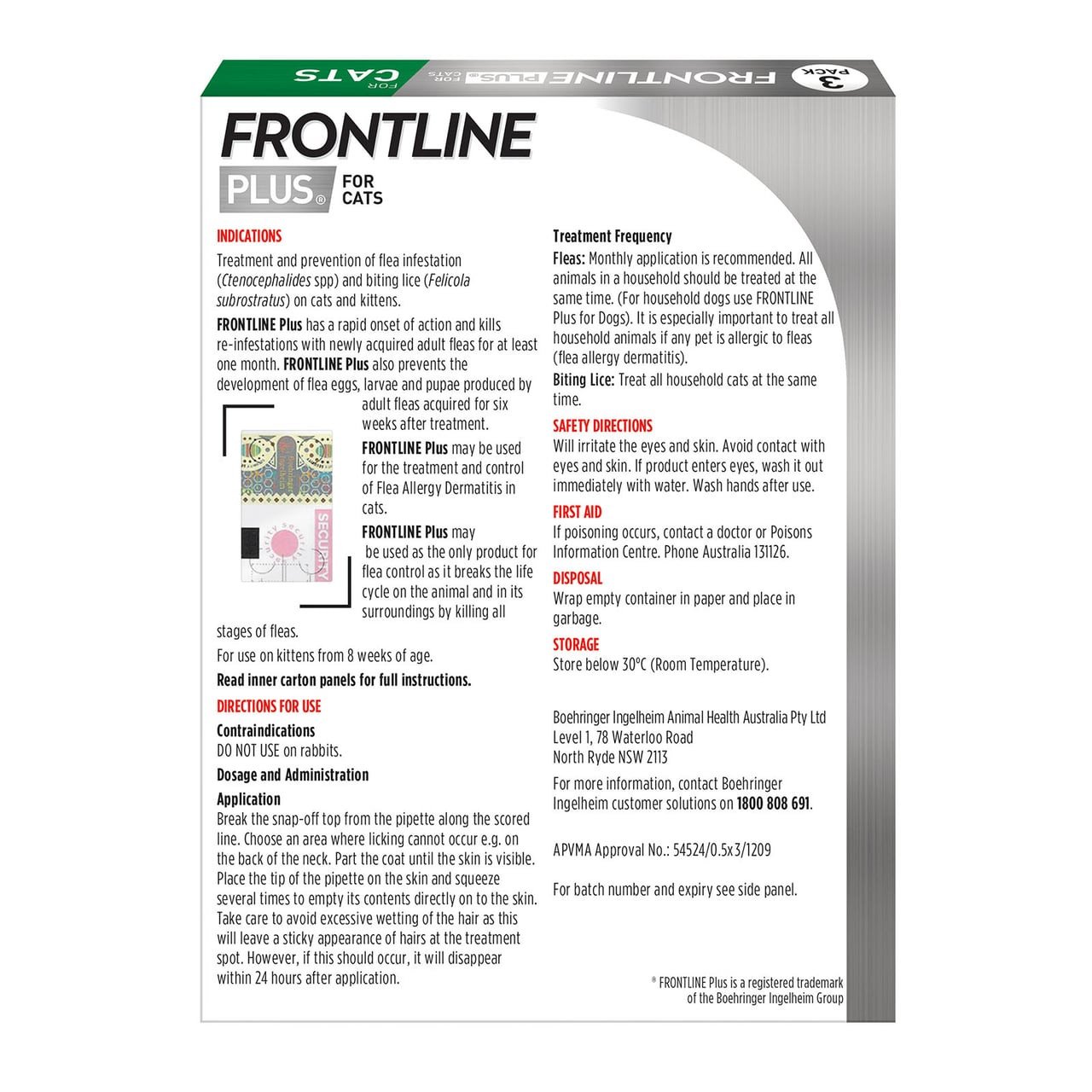 Frontline Plus for Cats Green 3 Pack, flea and tick treatment, effective for all cat sizes.