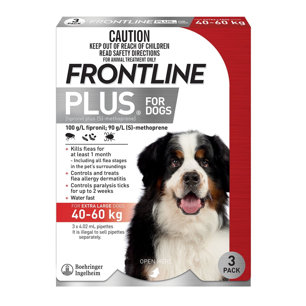 Frontline Plus for Extra Large Dogs 40-60kg, 3 pack with a Bernese Mountain Dog on packaging.
