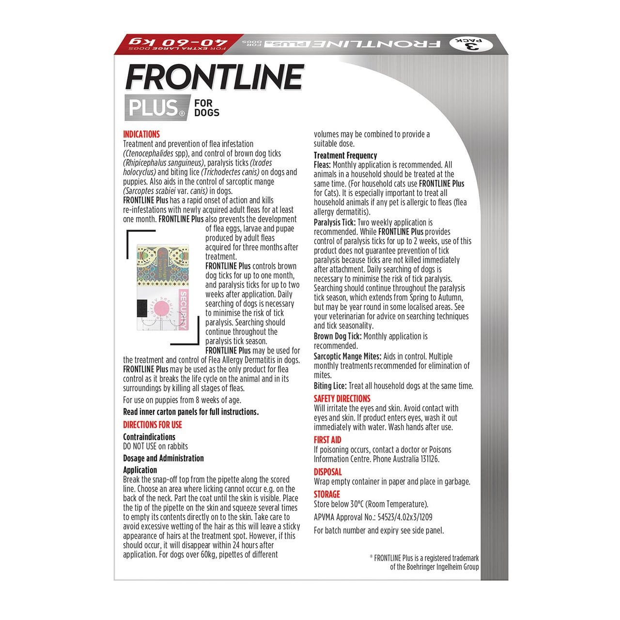 Frontline Plus for Extra Large Dogs 40-60kg - Red 3 Pack, flea and tick prevention.