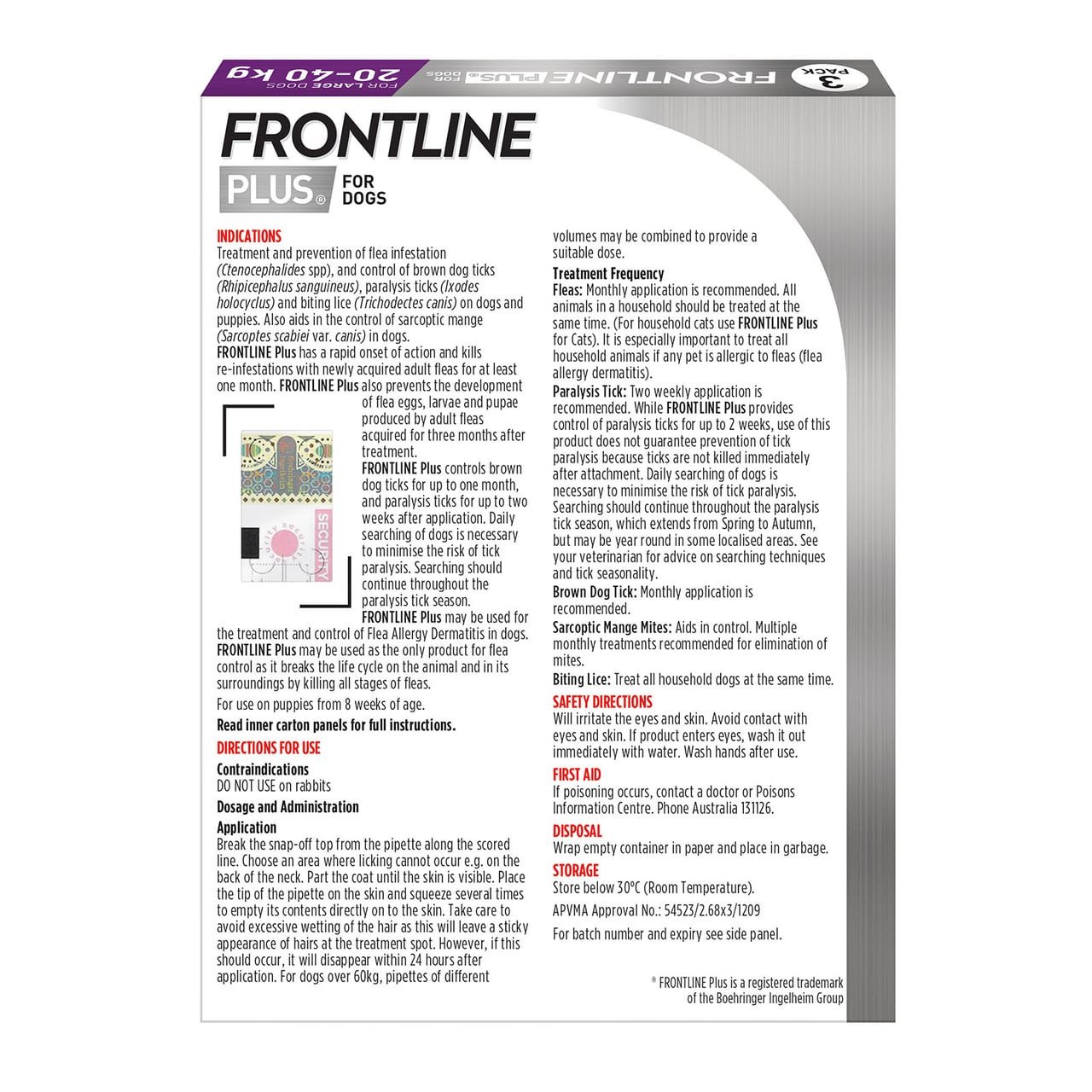 Frontline Plus for Large Dogs 20-40kg, purple packaging, 3 pack for tick and flea control.